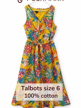 Talbots Tropical Print 100% Cotton Dress Size 6 Yellow Floral Parrot Midi Belted